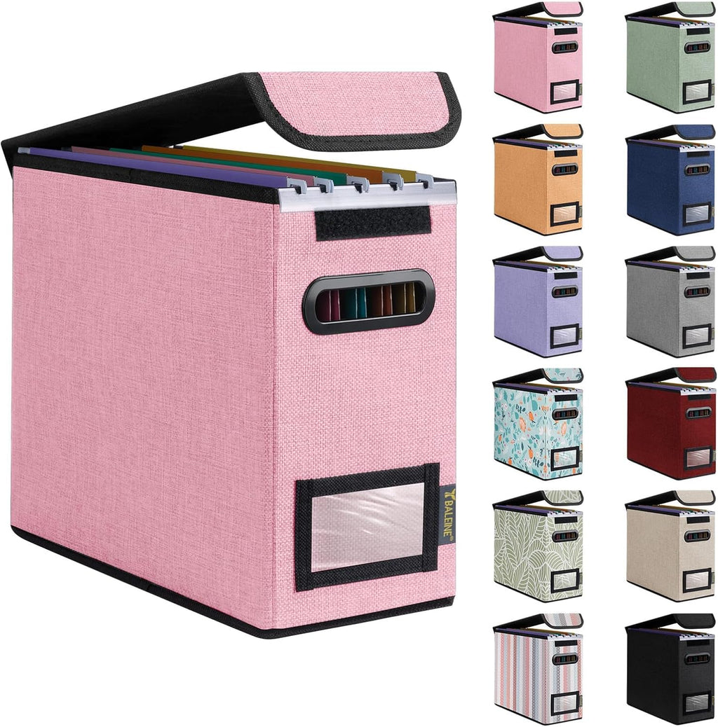 BALEINE File Organizer Box with Lid, Collapsible File Folder Organizer with Plastic Slide, Hanging File Folder Box for Office Document Storage (1 Pack, Pink, S)