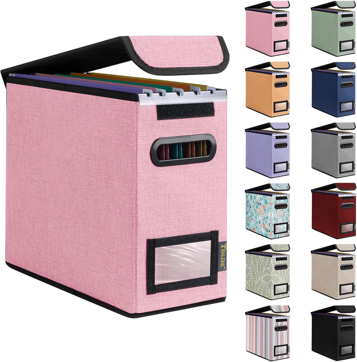 BALEINE File Organizer Box with Lid, Collapsible File Folder Organizer with Plastic Slide, Hanging File Folder Box for Office Document Storage (1 Pack, Pink, S)