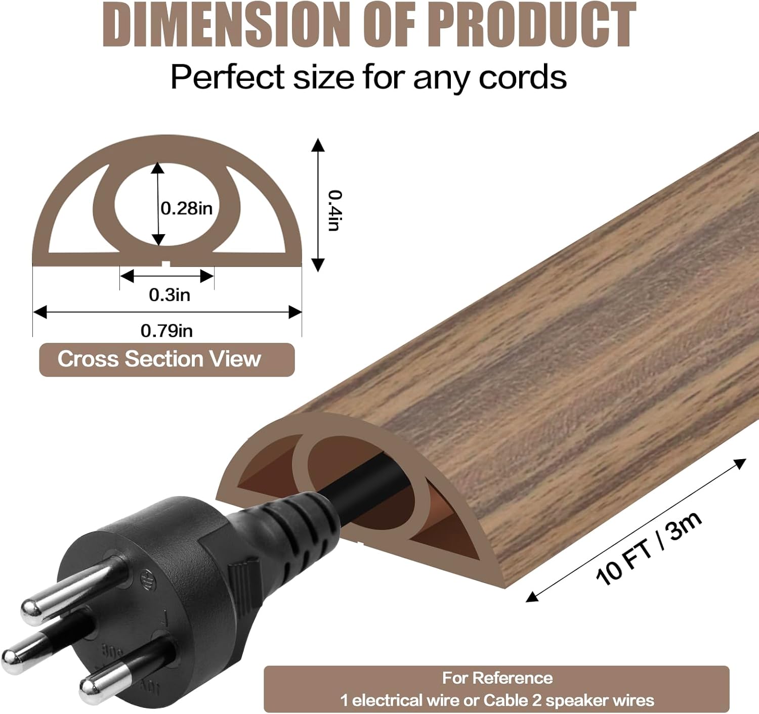Floor Cord Cover Self Adhesive Cord Hider,10FT Cable Management, Extension Strip Protector for Wires, Prevent Cable Trips for Offices, Gyms, Exhibitions Cavity:0.3"(W) x0.28(H) Woodsmokedbrown