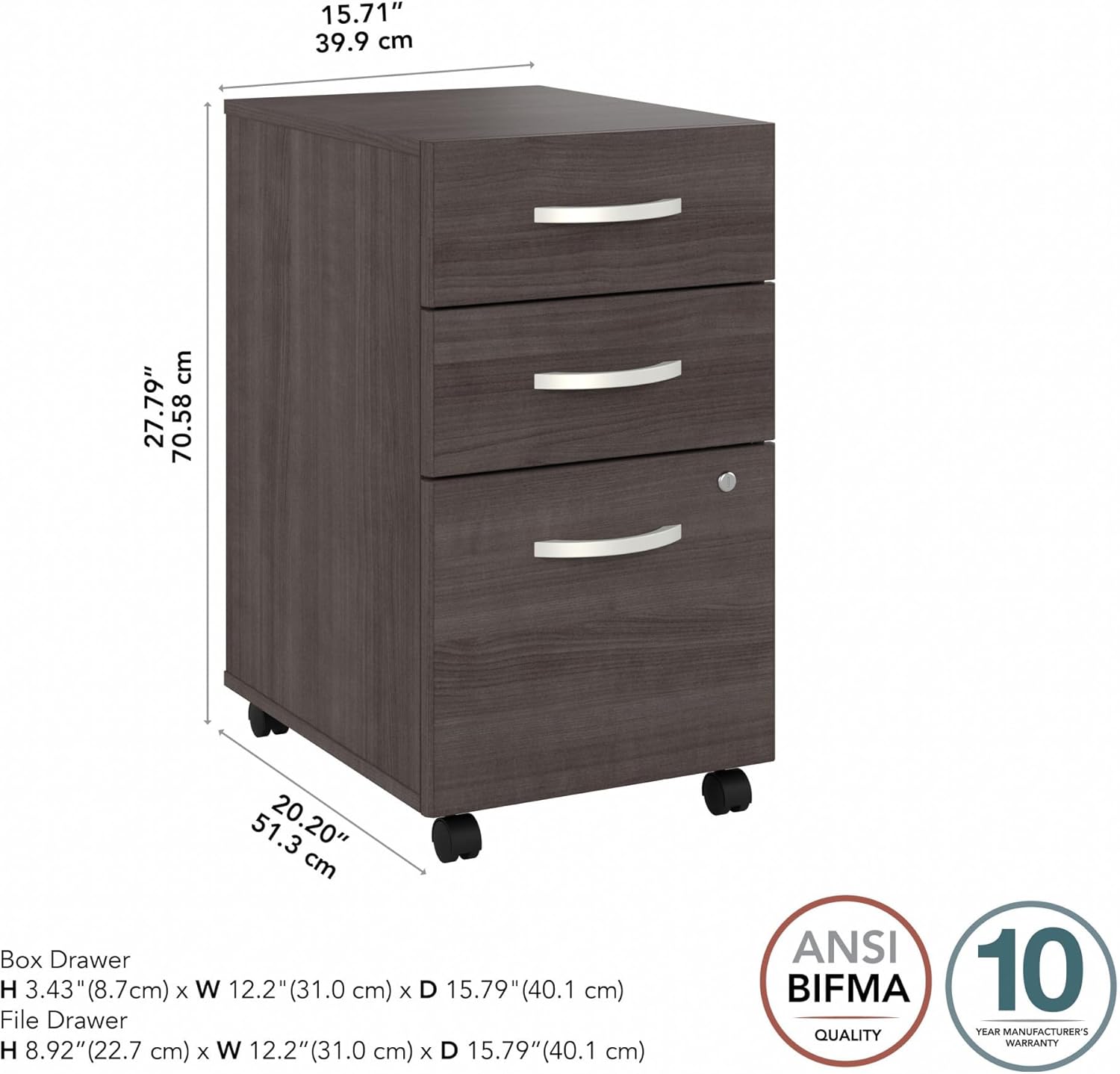 Bush Business Furniture Studio C 3 Drawer Mobile File Cabinet-Assembled, Rolling Document Storage for Home or Professional Office, 16W, Storm Gray