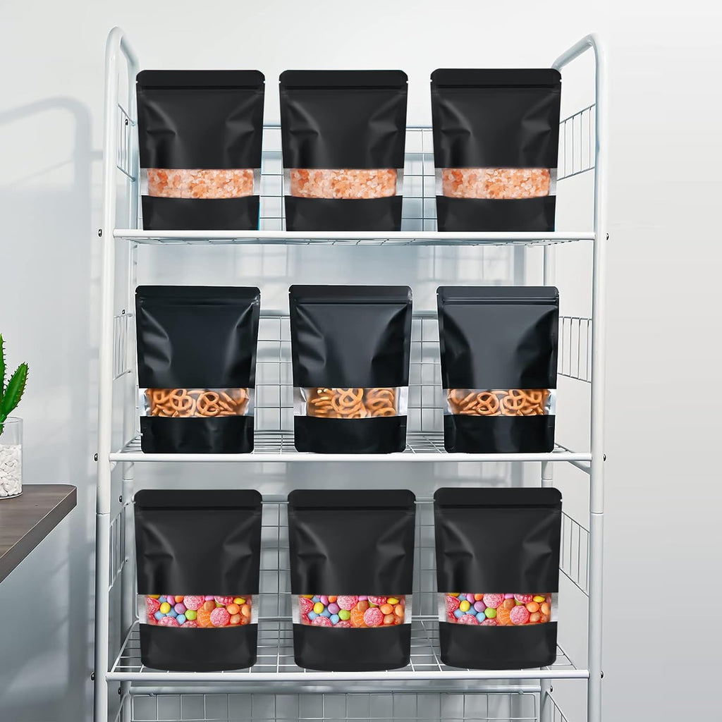 100 Pack Smell Proof Bags, Resealable Food Storage Bags with Clear Window, Stand Up Smell Proof Mylar Bags Self Seal Foil Pouches for Food Storage Packaging (Black, 6.3 x 9.5 Inch)