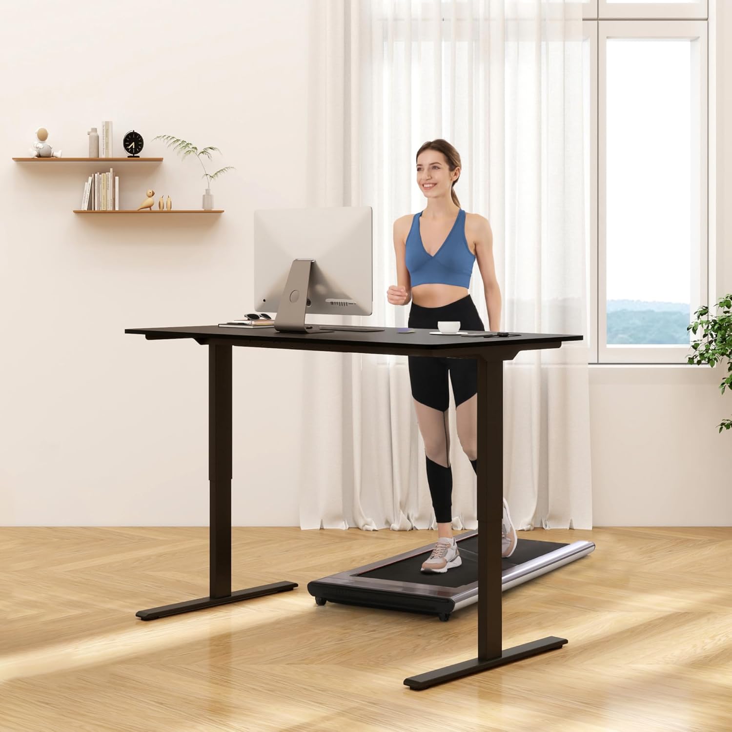 FLEXISPOT E3 Dual Motor Electric Standing Desk 48x24 Inch Whole-Piece Board Height Adjustable Desk Electric Sit Stand Desk (Black Frame + Mahogany Desktop, 2 Packages)