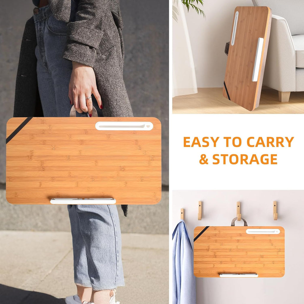 wishacc Oversized Bamboo Lap Desk with Phone/Tablet Slots & Cushion Pillow – Extra-Large Portable Laptop Stand for Home, Office, Bed, Car