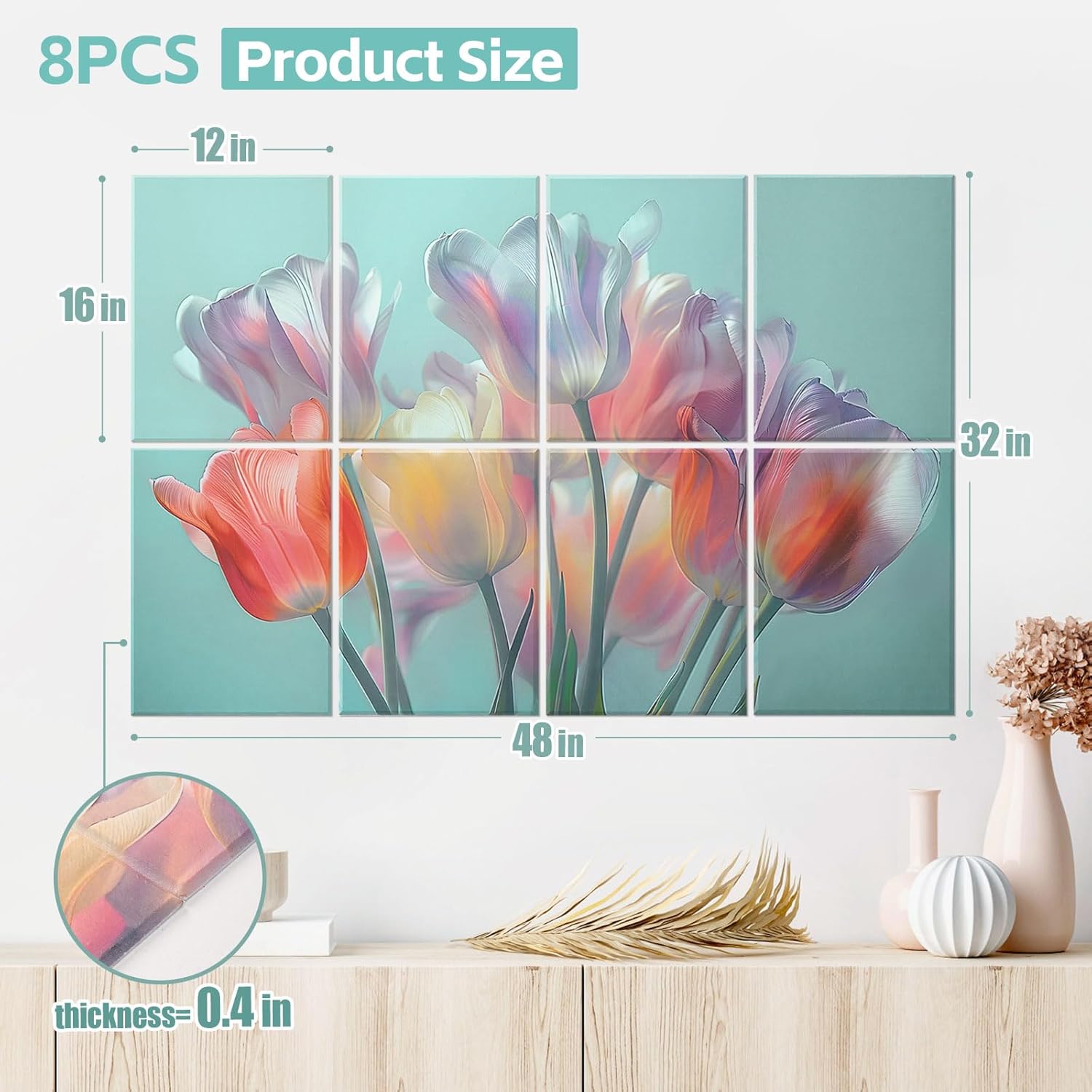 8 Pack Art Acoustic Panels, 48"X32" Self-adhesive Soundproof Wall Panels, Decorative Sound Absorbing Panel, Acoustic Treatment for Studio, Home, Office (Colorful Tulips)