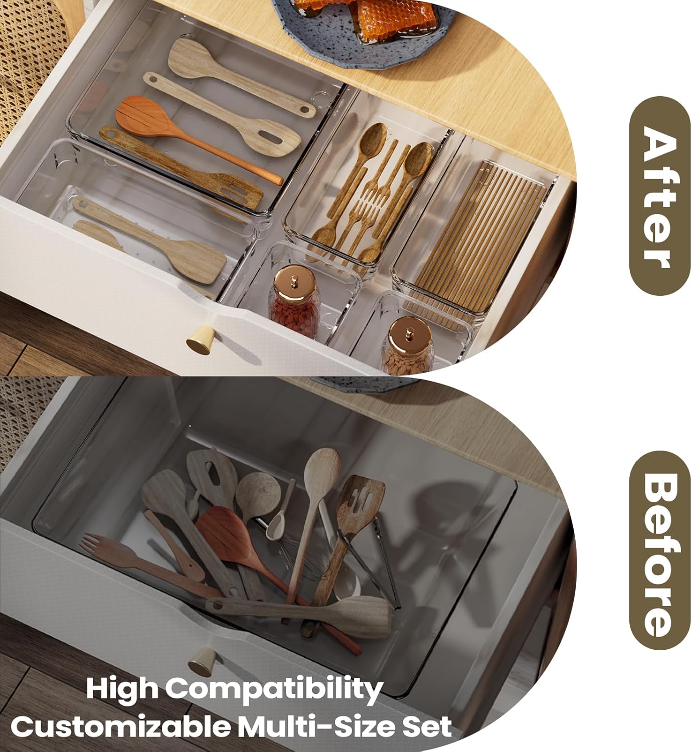 10 PCS Clear Plastic Drawer Organizer Set, 4 Sizes Acrylic Drawer Storage Trays Non Slip Storage Bins for Makeup, Jewelry, Gadgets for Kitchen, Bedroom, Bathroom, Office