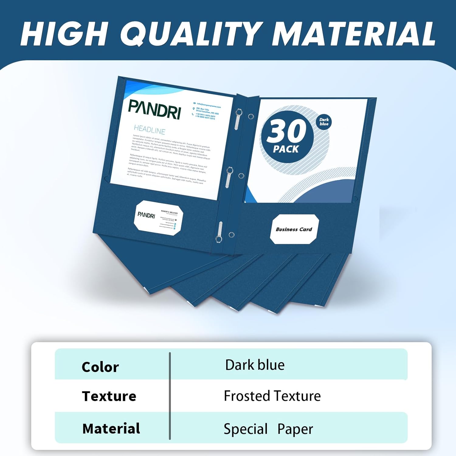 Two Pocket Folders, PANDRI 30 Pack Two Pocket Folders with Prongs, 3 Prong Folders Designed for Office and Classroom, Letter Size Darkblue