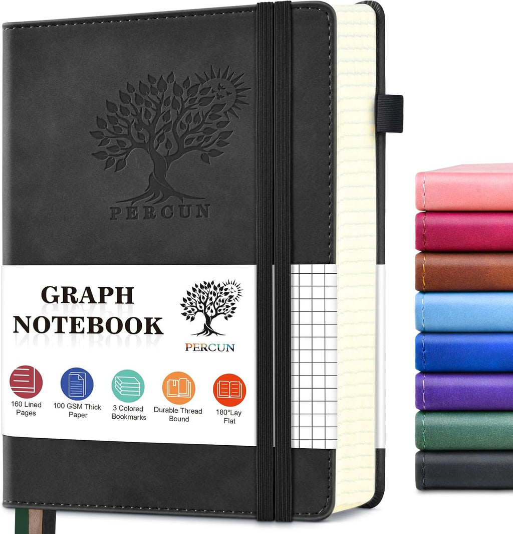 PERCUN Graph Paper Notebook, 160 Pages Grid Journal for women & men, A5 Hardcover Leather Graphing Notebook for School, Work, Travel, Note Taking 5.9”x8.5” (Black)