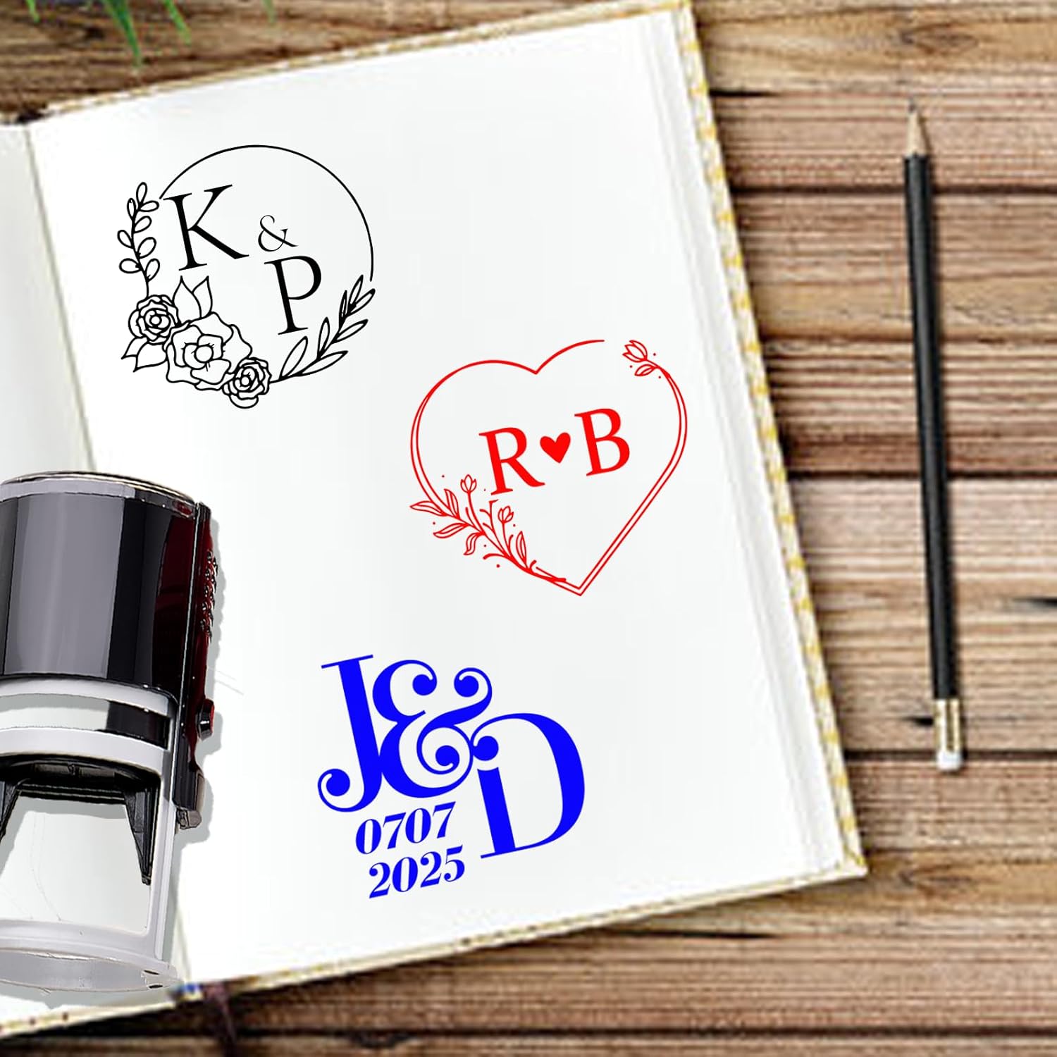 Personalized Book Embosser Stamp with Name & Design, Custom Hand Carved Library Embosser Set, Elegant Invitation Seal of Self-Inking from Library Stamp Kit (Wedding)