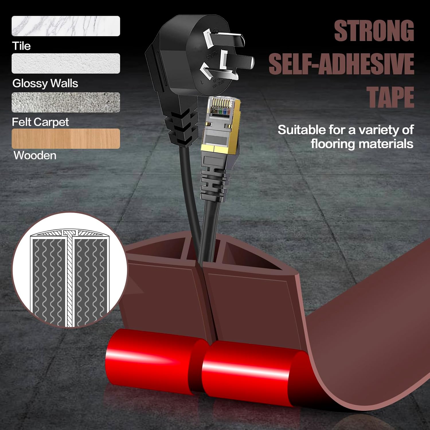 Floor Cord Cover Self Adhesive Cord Hider,3.3FT Cable Management, Extension Strip Protector for Wires, Prevent Cable Trips for Offices, Gyms, Exhibitions Cavity:0.51"(W) x 0.3"(H) Coffee
