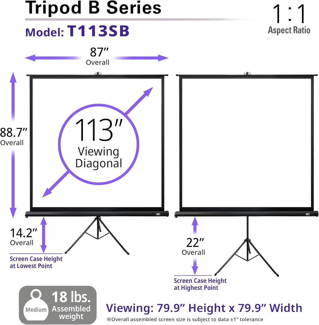 Elite Screens Tripod B, 113-INCH 1:1, Lightweight Pull Up Foldable Stand, Manual, Movie Home Theater Projector Screen, 4K / 8K Ultra HDR 3D Ready, 2-YEAR WARRANTY, T113SB