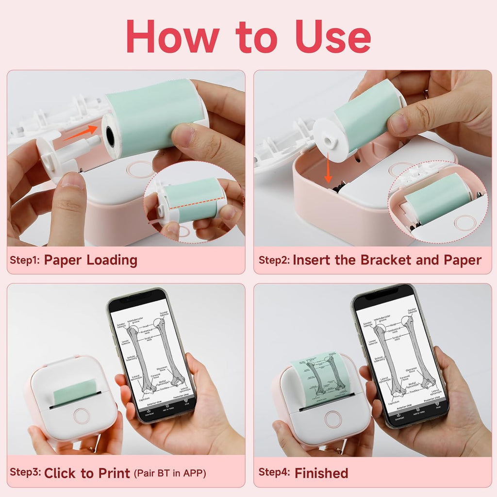 Instant Print for Kids - T02 Mini Printer, Thermarote Sticker Maker, Instant Phone Photo Printer for Study, Fun, Games, Stickers, Labels, Flashcards, Pink