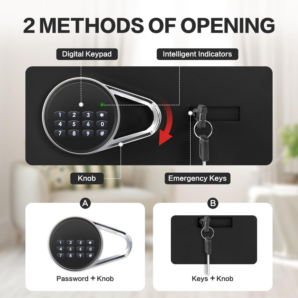 Safe for Home, 1.0 Cubic Feet Small Safe with Removable Shelf, Alarm System, Digital Electronic Security Money Box for Cash, Document, Home, Office, Hotel Use, Black, 9.84"D x 13.78"W x 9.84"H