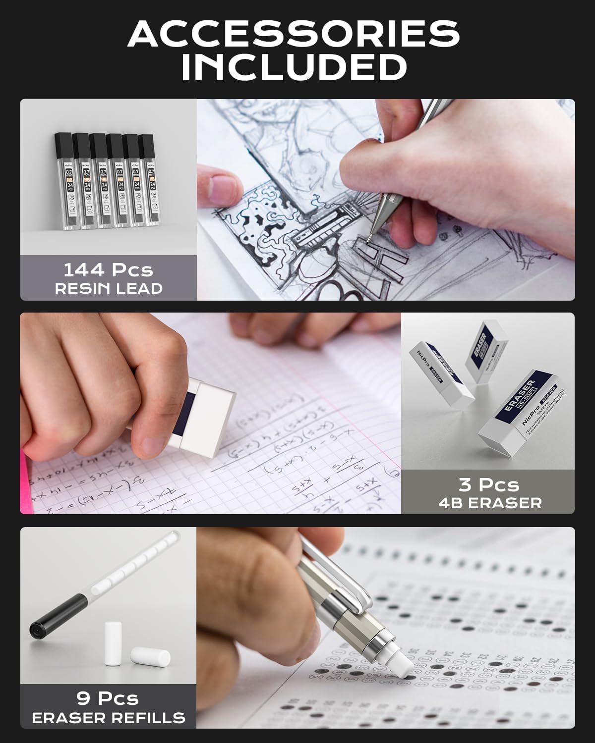 Nicpro 4 Pack Mechanical Pencil 0.7mm with Case, MB1000 Metal Mechanical Pencil Set with 6 Tube HB #2 Lead Refill 0.7 mm, 3PCS 4B Eraser, 9 Cap Eraser for Artist Drafting Writing, Sketching, Drawing