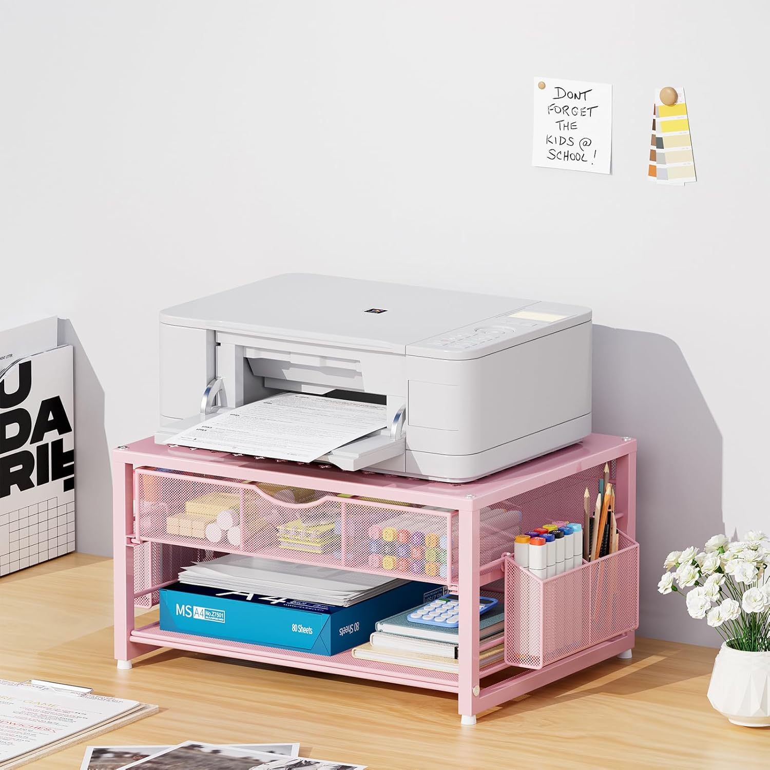 Marbrasse Metal Printer Stand for Desk with Storage Drawer and 2 Pen Holders, 2-Tier Desktop Organizer Printer Table for Home Office, Multi-Purpose Desk Organizer for Fax Machine Scanner Files(Pink)