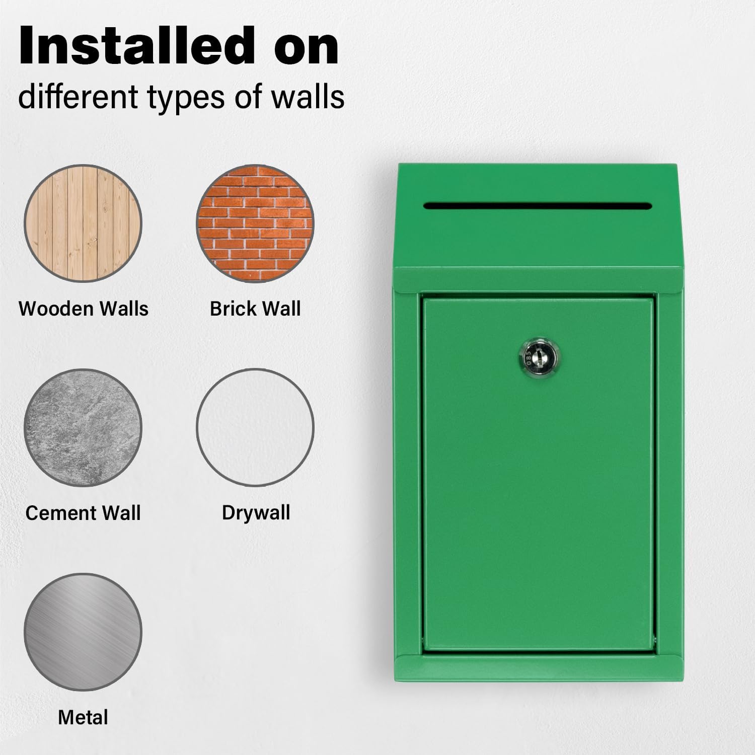 Metal Donation Box with Lock, Wall Mounted, Suggestion Box with 4 Iron Keys, Green, Cash Drop Box with Slot, 1-Pack