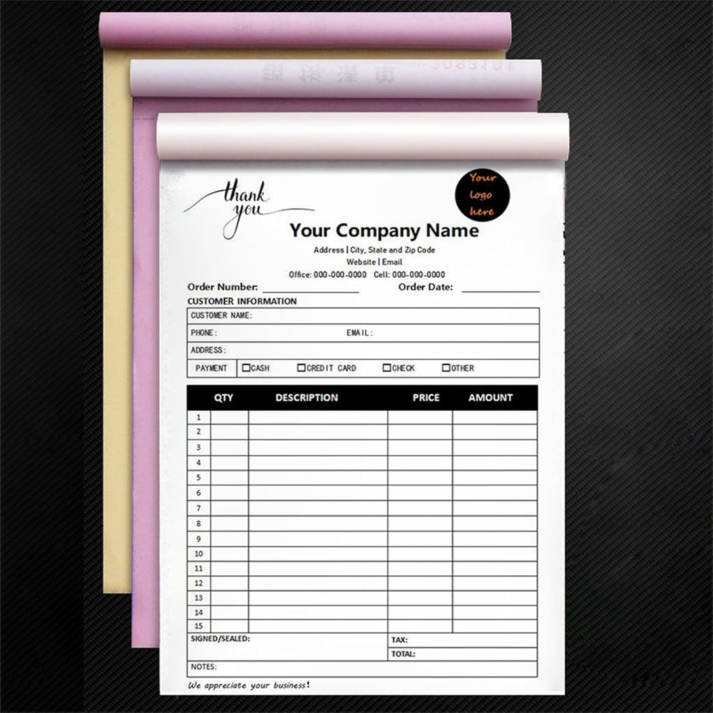Custom Invoice Book in 3-Part /2-Part Receipt Book with Carbon Copies Personalized Carbonless Service Invoice Form Books Sales Order Book with Company Name Logo Address,C1-Thank You Receipt