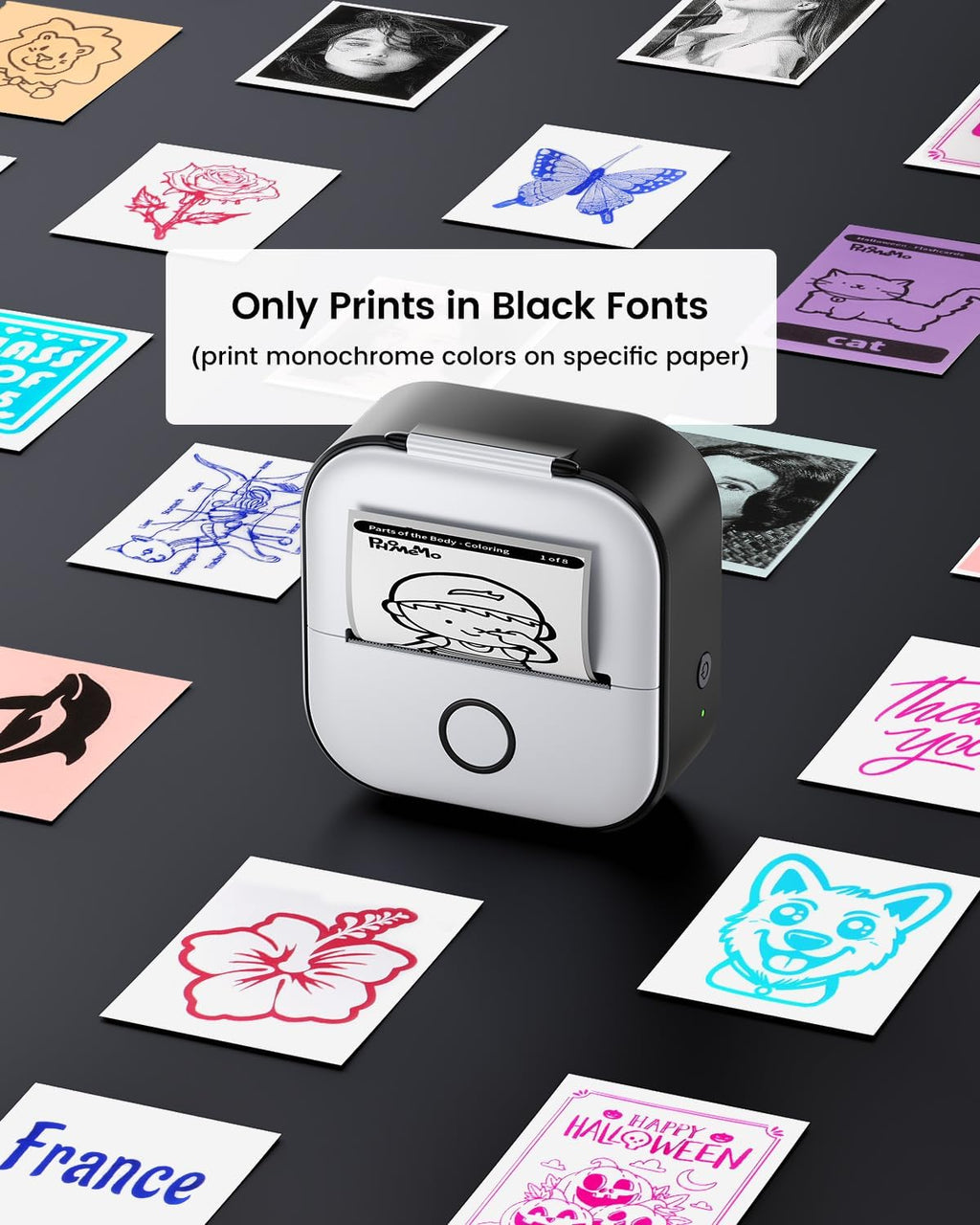 Memoking Mini Printer - Sticker Printer T02 Portable Thermal Inkless Sticker Maker Machine, Bluetooth Pocket Labeler for Study Graphics, Anatomical Diagrams, Photos, Receipts, Black