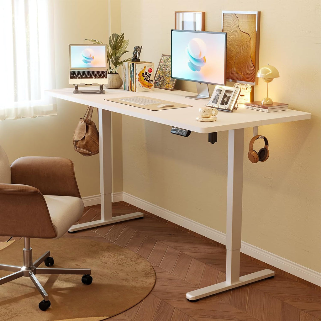 Monomi 55 Inch Electric Standing Desk, Height Adjustable Sit Stand Up, Work Home Office Computer PC Desks, Gaming Writing Study Bedroom Rising Table, White