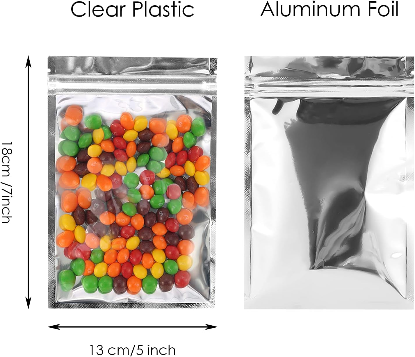 Resealable Mylar Bags | 100 Pcs 5 X 7 Inch | Smell Proof Bag Heat Seal Cute Packaging Foil Food Sealable Small Front Clear Plastic Silver for Storage Candy Beef Jerky Jewerly Product