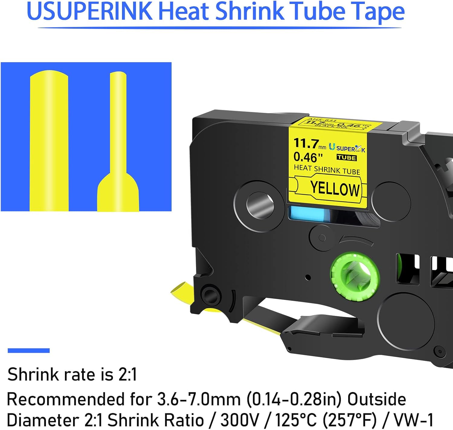 10 Pack Compatible for Ptouch HSe-631 HSe631 HS-631 HS631 Black on Yellow 11.7mm 0.46'' Heat Shrink Tubing Label Tape for Wire Cable use in PT-P710BT P700 P750W P900 Label Printer