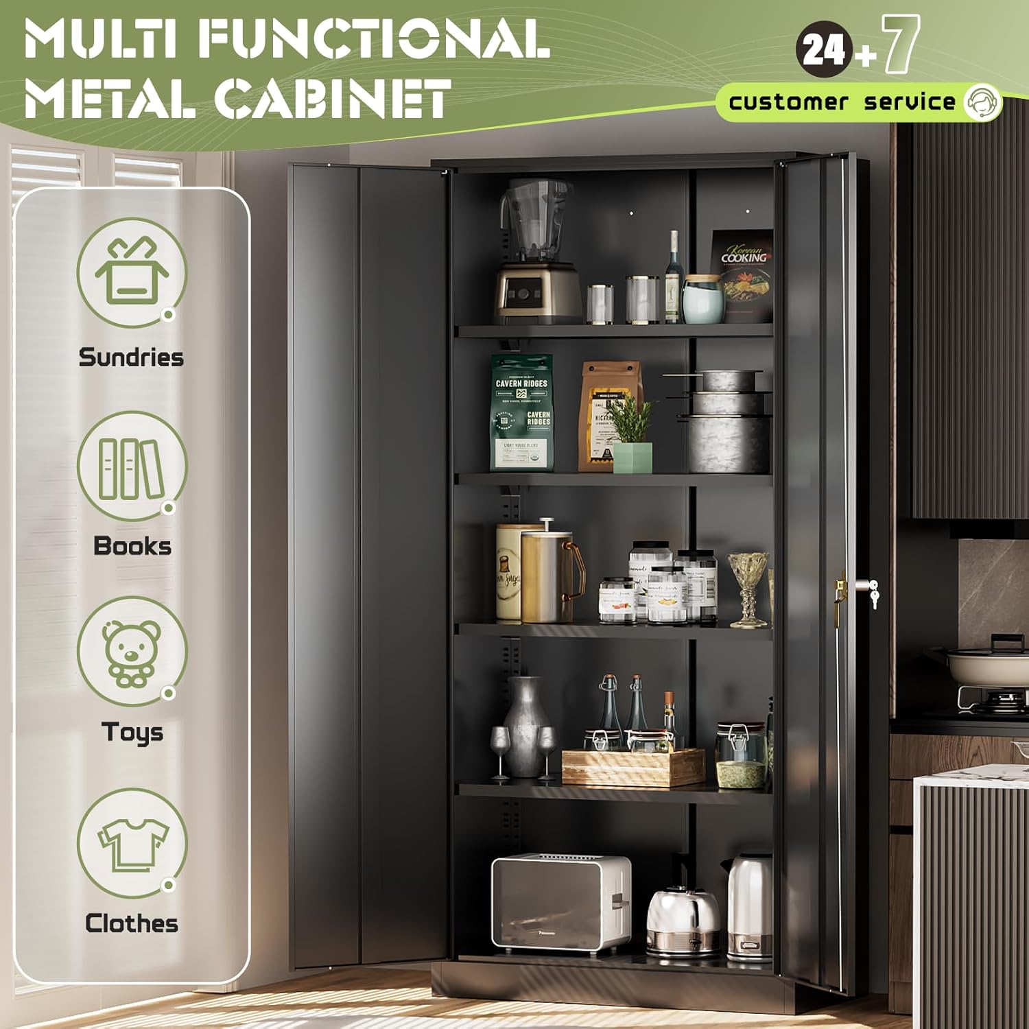 SUNCROWN 72" Metal Storage Cabinet - Heavy-Duty Metal Garage Cabinet with 4 Adjustable Shelves & 2 Doors for Tools, Office, Home, Workshop,Black