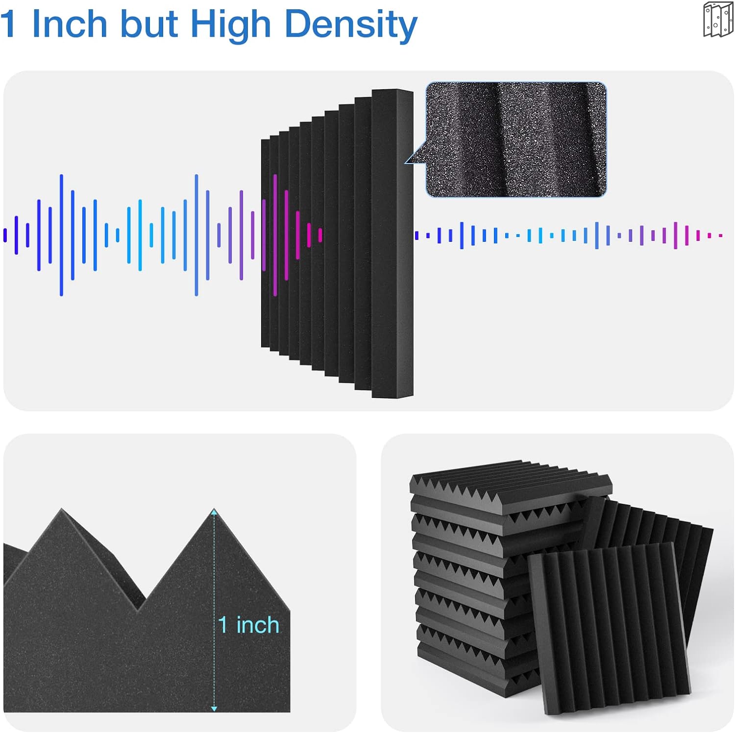 12 Pack Acoustic Panels Self-Adhesive, 1" X 12" X 12" Quick-Recovery Sound Proof Foam Panels, Acoustic Foam Wedges High Density, Soundproof Wall Panels for Home,Studio,Gaming -Black