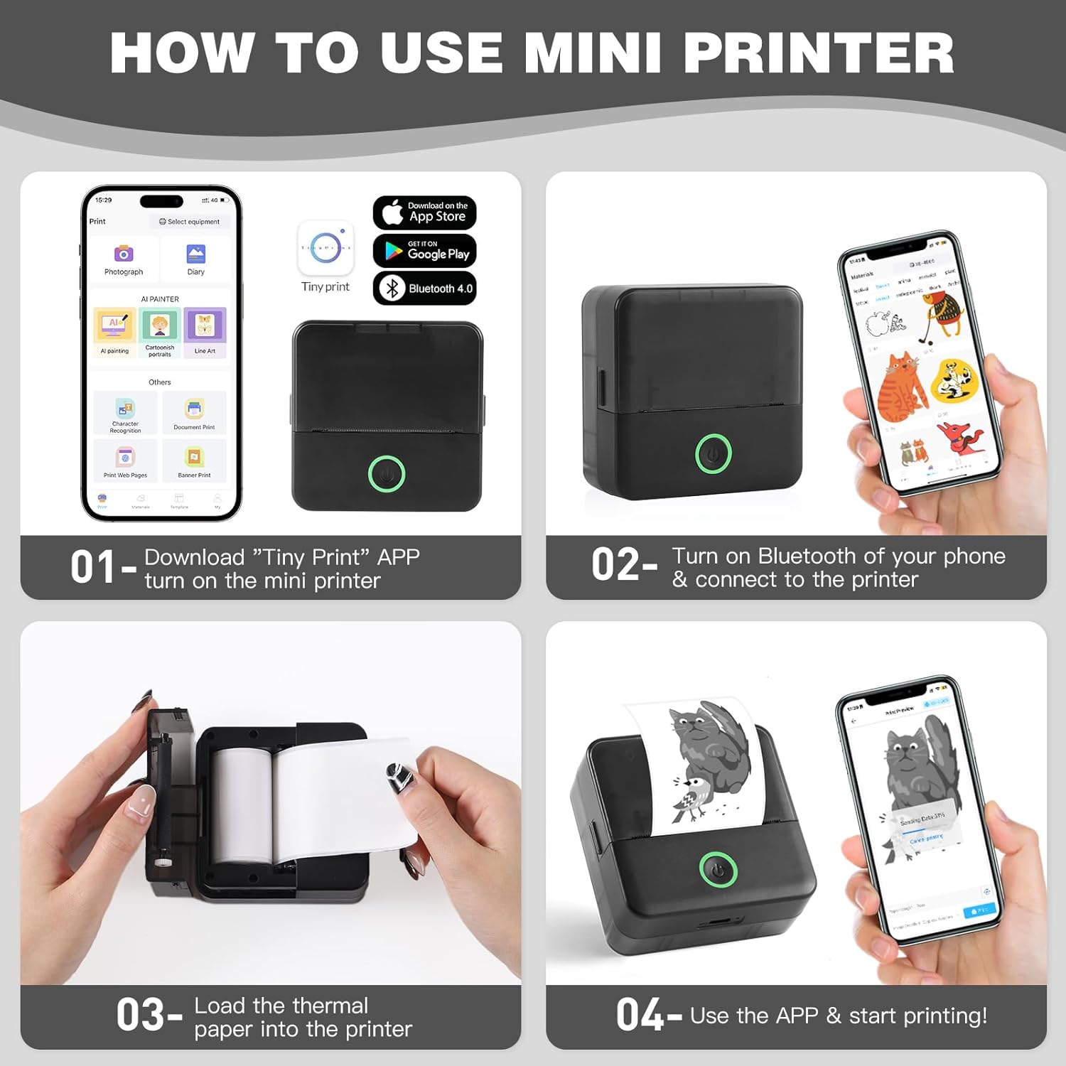 Print Pods Mini Printer, Thermal Inkless Sticker Maker with 10 Rolls Printing Paper, Pocket Printpod for phone, Impresora Portátil for Notes, Flashcards, Journal, DIY, Compatible with iOS & Android