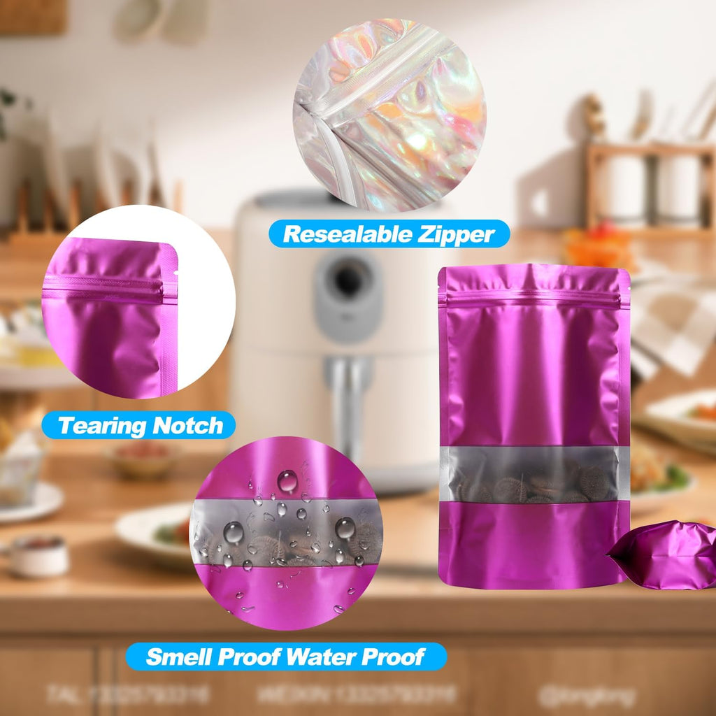 100 Pack Smell Proof Bags, Resealable Mylar Bags with Matte Window, Foil Pouch Stand-up Bags for Food Self Sealing Storage, Scratch Resistant Hand Storage Bags. (Purple, 6.3×9.4 Inch)