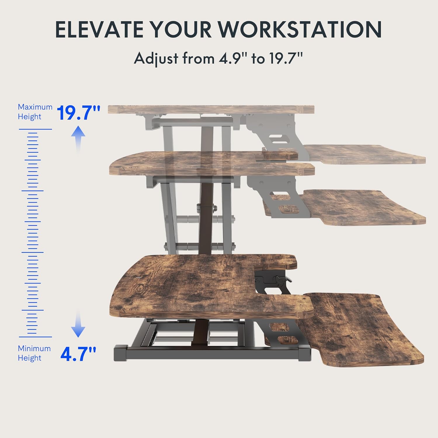 FLEXISPOT Height Adjustable Standing Desk Converter 42" Sit-to-Stand Desk Riser with Wide Keyboard Tray Workstation for Home and Office, Rustic Color (Rustic Brown, 42")