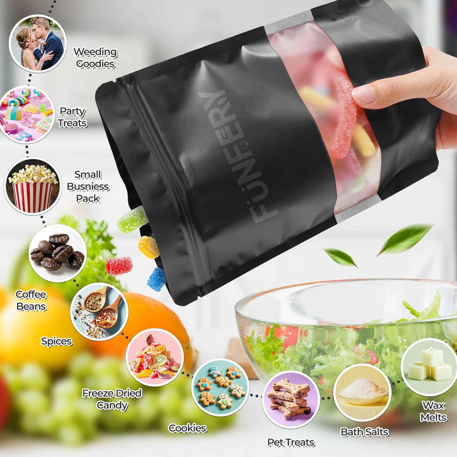 Funfery 100 Pcs Smell Proof Packaging Bags,Mylar Clear Bags for Food Storage,Sealable Bag for Packaging,Stand Up Pouches with Window,ReSealable Bag for Small Business,Cookies,Candy(Black,5.5x7.8in)