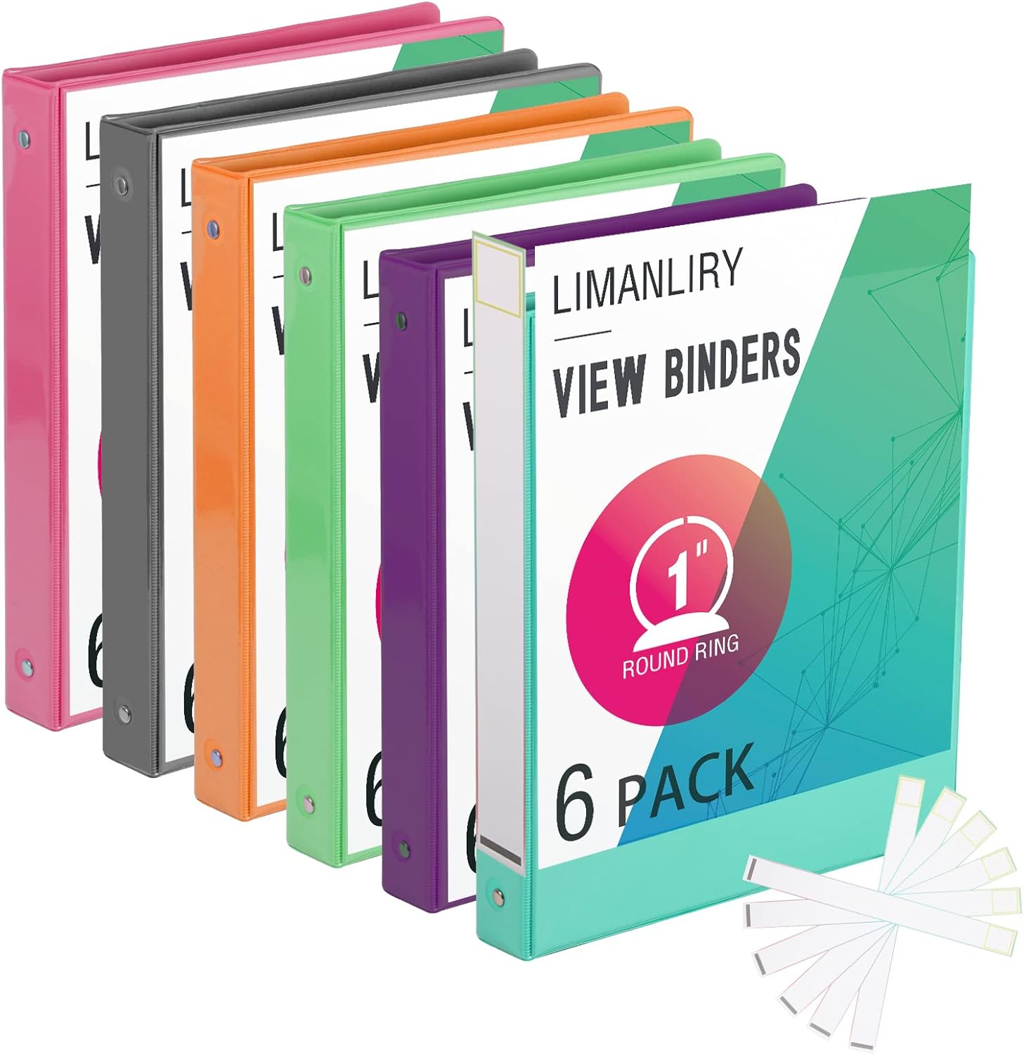 3 Ring Binders,1 Inch Round Rings, with Clear View Covers, Assorted Colors,6 Pack