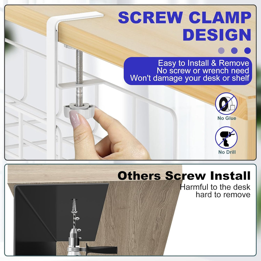 Under Desk Cable Management Tray, 15.7'' White No Drill Steel Desk Cable Organizers, Wire Management Tray Cable Management Rack, Desk Cable Tray with Wire Organizer White(2 pack)