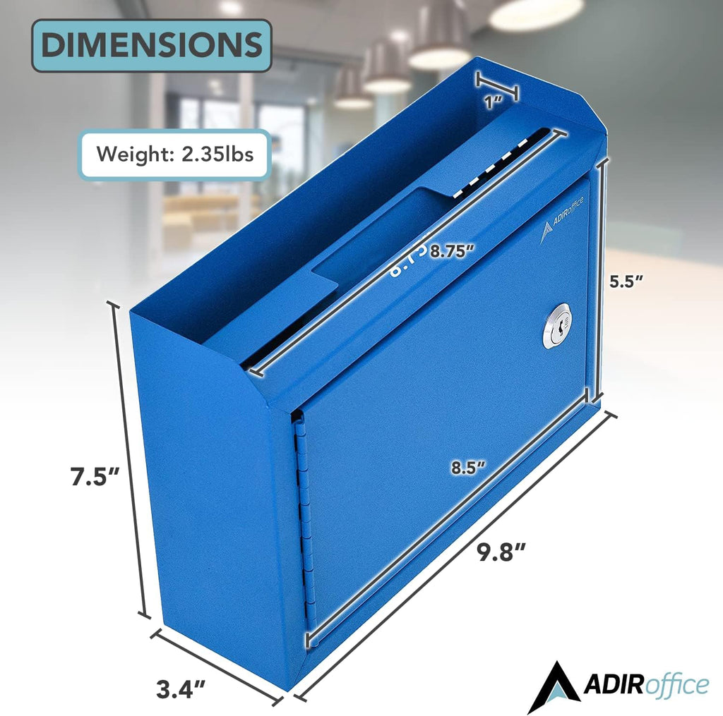Adir Corp Suggestion Box with Slot and Lock - Drop Box with Lock, Cash Dropbox - 9.8x7.5x3.4 Inches Wall Mount Donation Box - Metal Deposit Box (Blue)