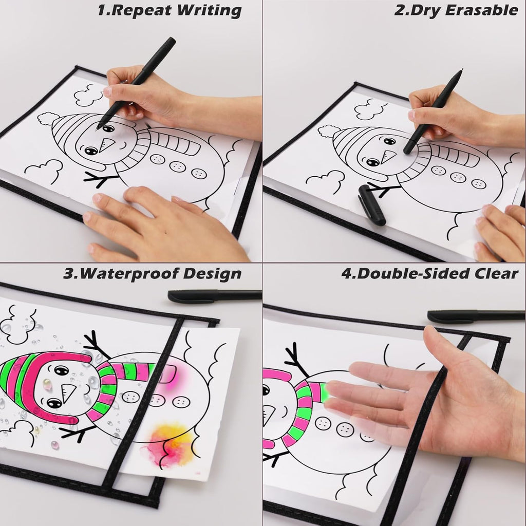 80 Packs Dry-Erase Pockets Bulk Oversized Reusable Dry Erase Pocket Sleeves with 5 Rings, 10x14 Black Ticket Holders, Clear Plastic Sheet Protectors, Teacher School Classroom Supplies