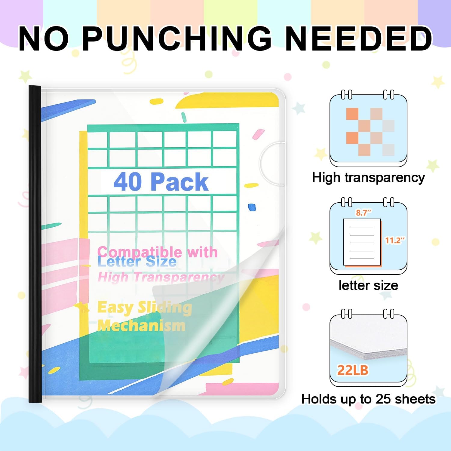 TOTiyea 40 Pack Clear Report Covers with Sliding Bars, 9mm (40 Sheet Capacity) Black Sliding Bar File Folders, for Letter Size