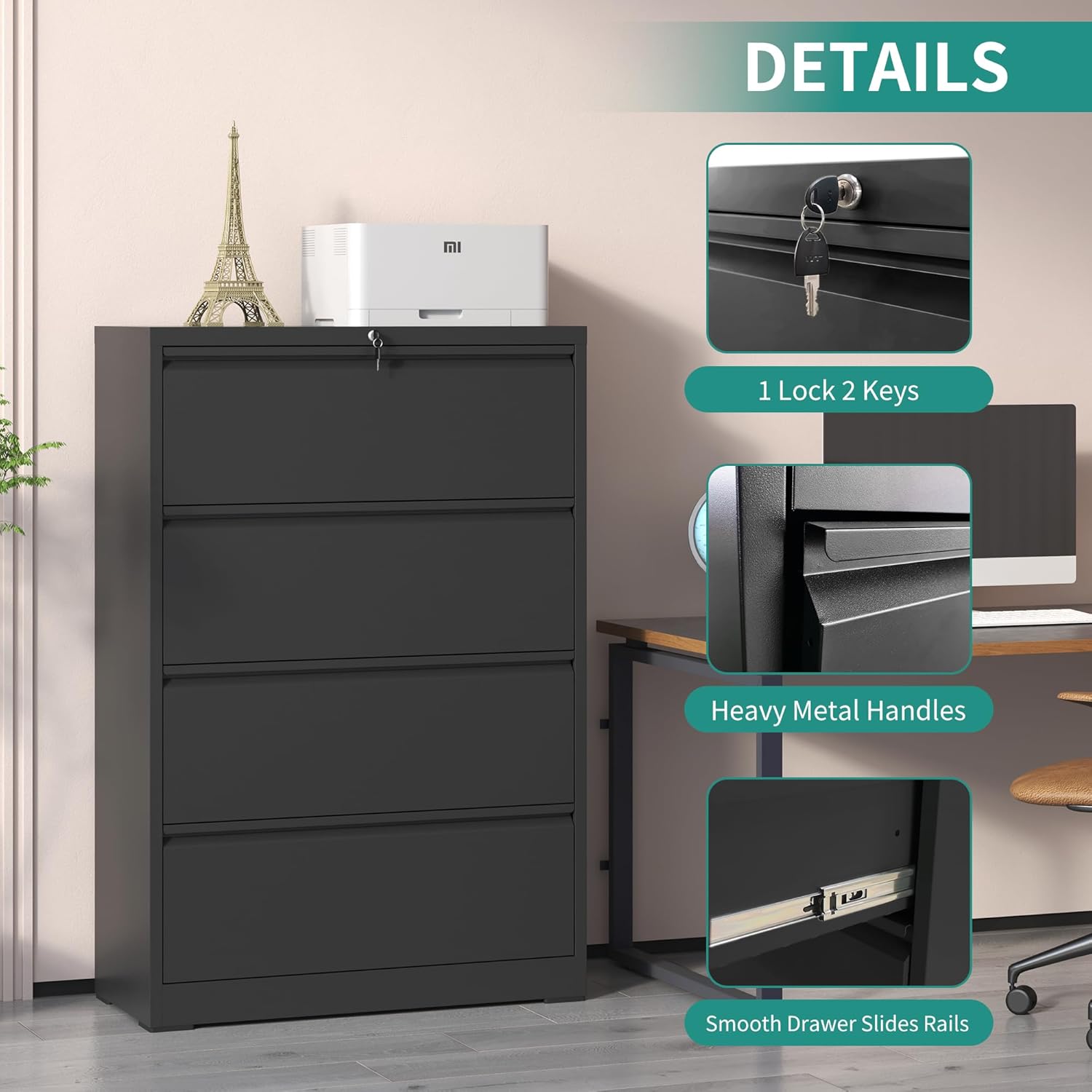 4 Drawer Lateral File Cabinet, Metal Filing Cabinets for Home Office, Steel Storage Wide File Cabinet for Letter/Legal/F4/A4 Size with Hanging Bars, Assembly Required (Black)