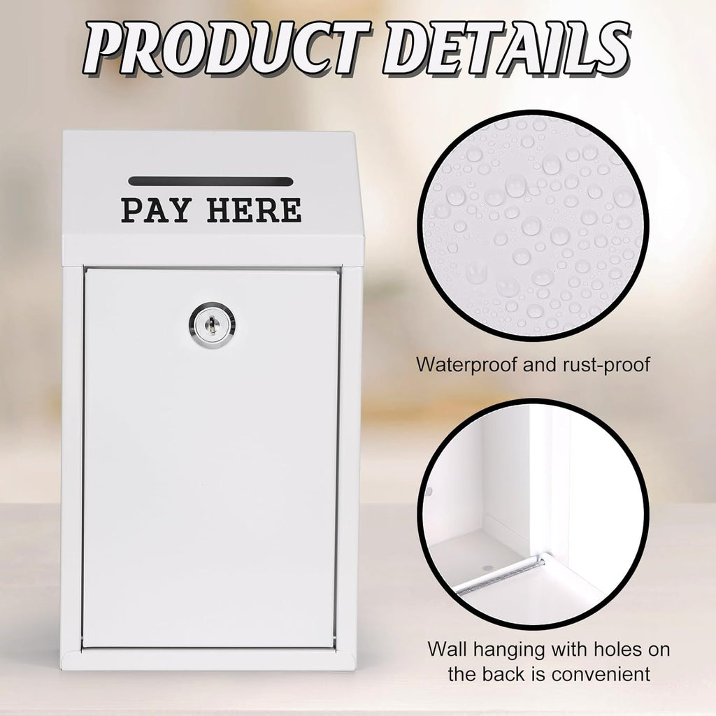 Metal Donation Box Collection Safe Suggestion Box with Lock Wall Mounted Mailbox Delivery Ballot Case Key Drop Case for Home Office Outdoor Door (White, 10.24 x 5.71 x 2.95 Inch)