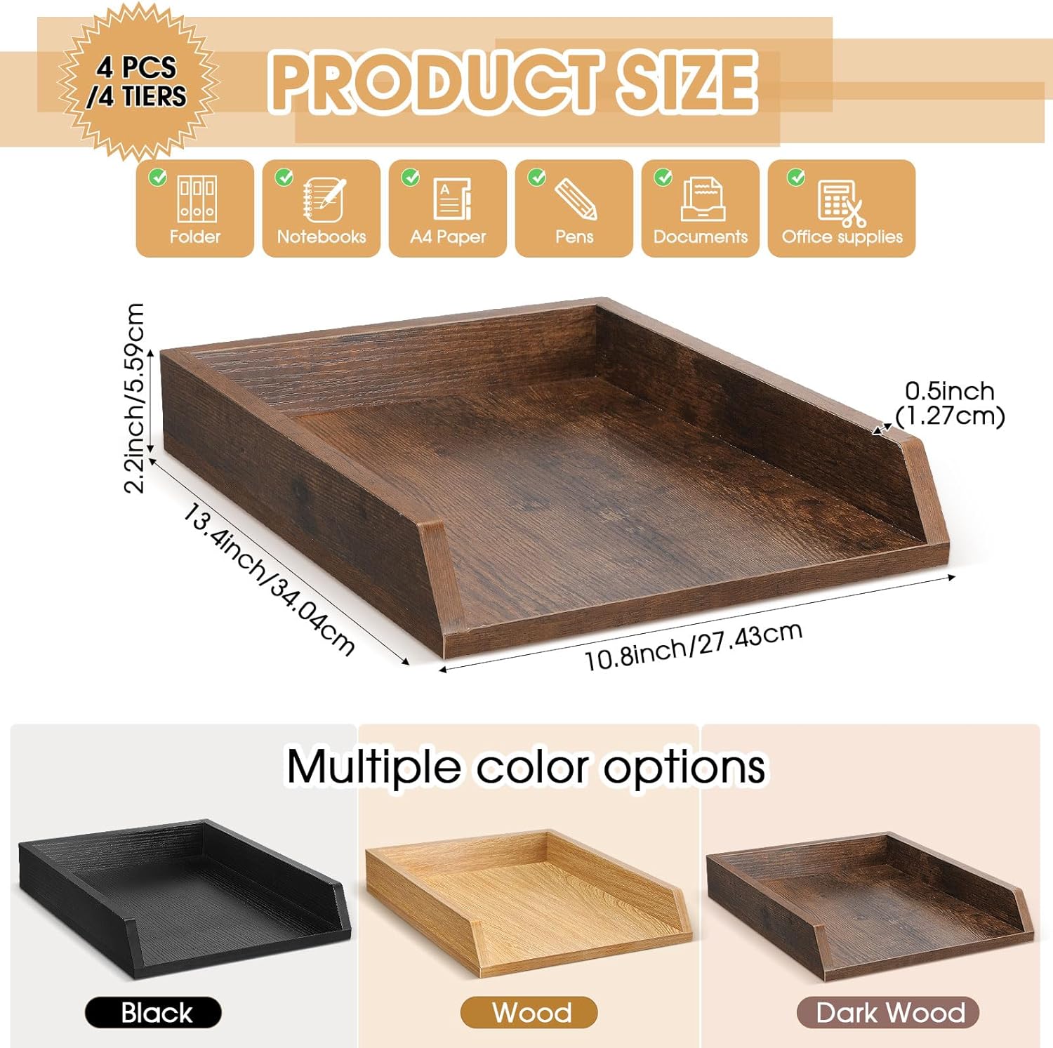 4 Pcs Wooden Letter Trays Wood Letter-Size Desk Organizer Heavy Duty 2 Tier Stackable Supports Paper Tray Desktop Drawer Organizer File Folder Magazine Office Accessories (Dark Wood)