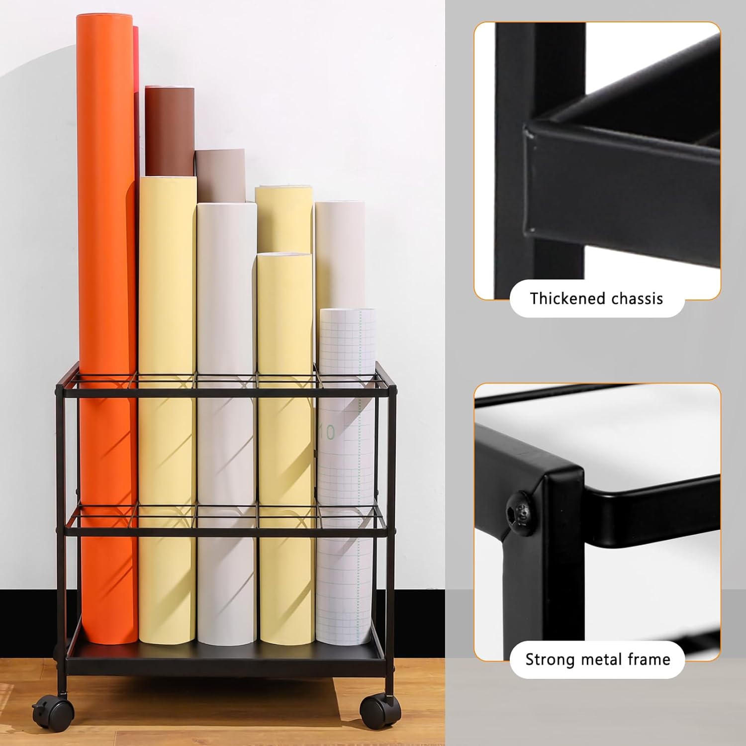 Blueprint Storage Rack Cart - 20 Slots Metal Blueprint Holder with Double-Layer Grids Ensures Secure, Non-Slip Storage, Organizing Posters, Architectural Plans, and Artwork Stably. (20 Slots)