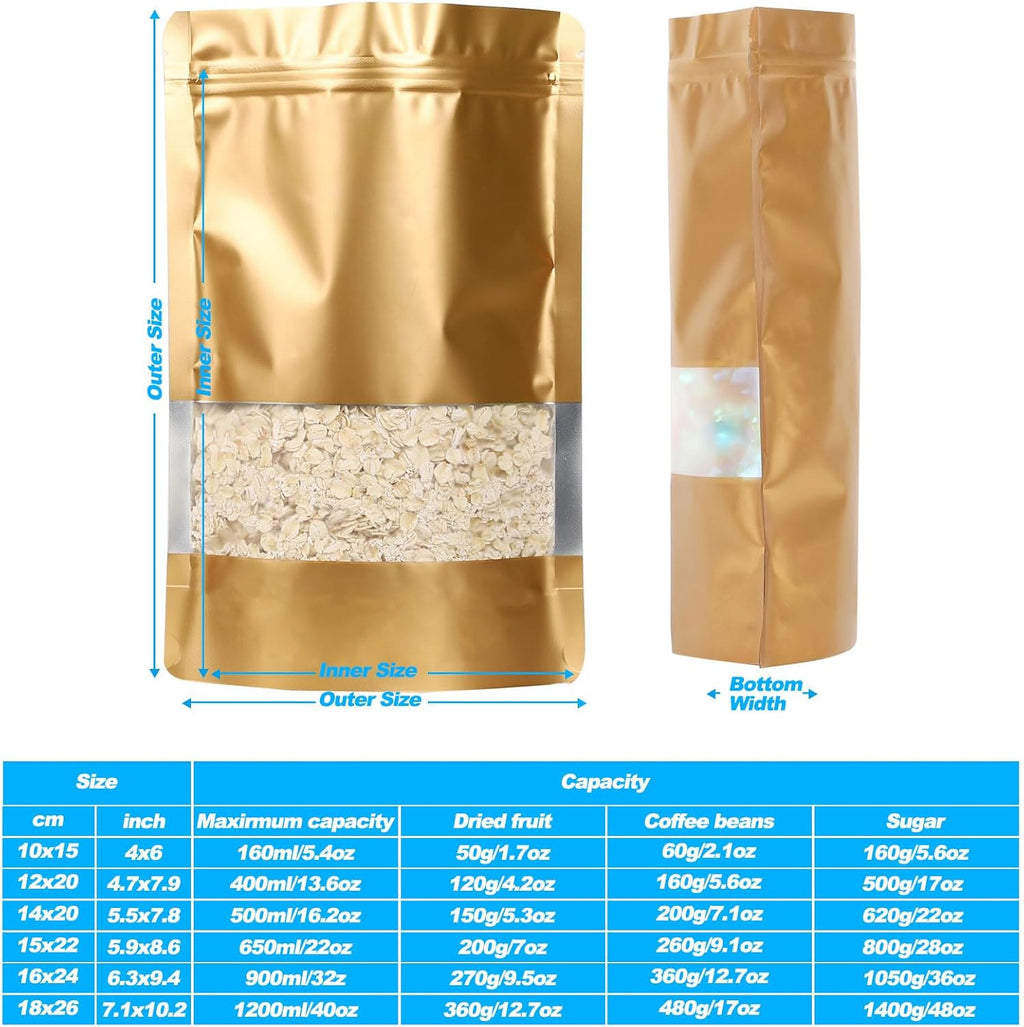 100 Pack Smell Proof Bags, Resealable Mylar Bags with Matte Window, Foil Pouch Stand-up Bags for Food Self Sealing Storage, Scratch Resistant Hand Storage Bags.(Gold, 4.7×7.9 Inch)