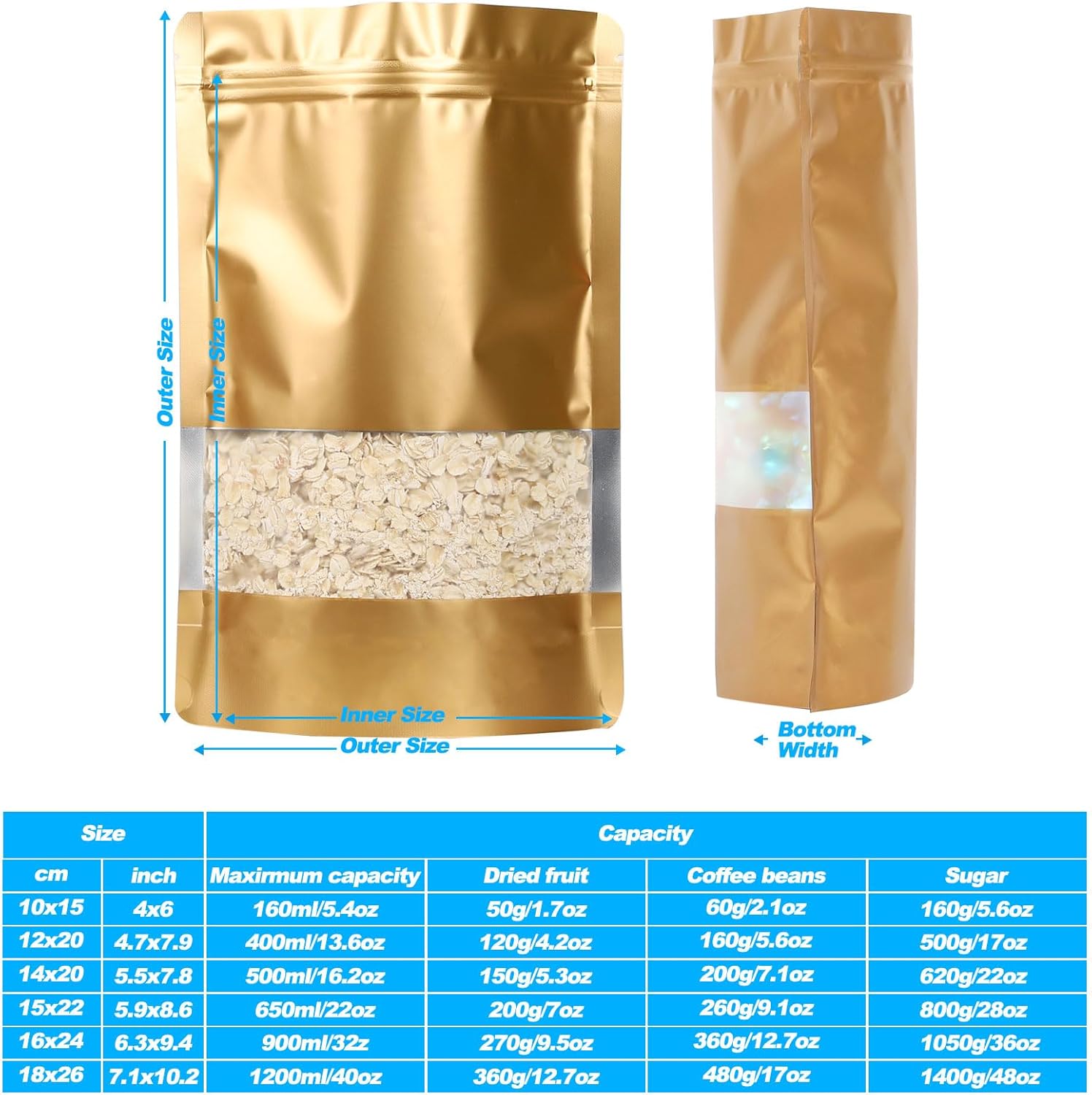 100 Pack Smell Proof Bags, Resealable Mylar Bags with Matte Window, Foil Pouch Stand-up Bags for Food Self Sealing Storage, Scratch Resistant Hand Storage Bags.(Gold, 4.7×7.9 Inch)