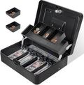 Cash Box Key Lock on Top, 11.8L x 9.5W x 3.5H Inches, Black Metal Money Box with Tray,Tiered Locking Cash Boxes,Durable Lock Safe Box with Key,4 Bill / 5 Coin Slots,Large