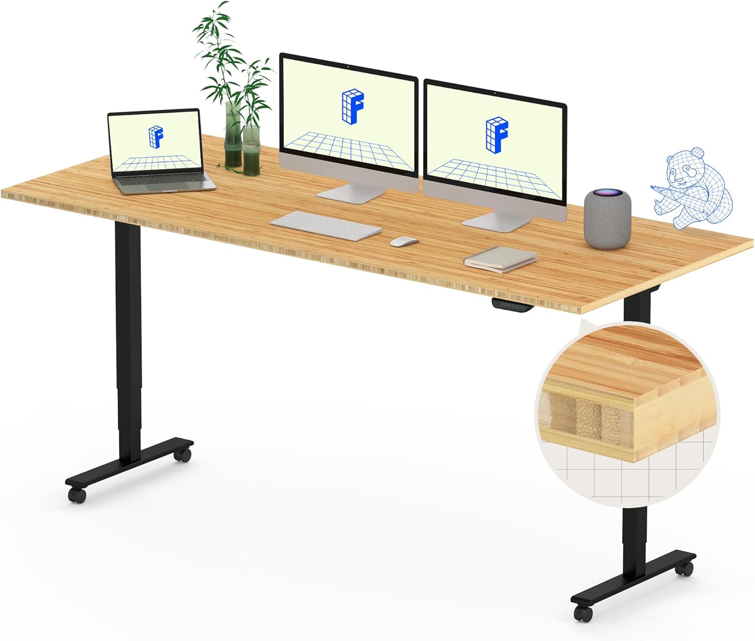 FLEXISPOT E6 MAX Bamboo Dual Motor 3 Stages Standing Desk 72x30 Inch Whole-Piece Board Electric Height Adjustable Stand Up Desk 150KG Load Capacity(Black Frame + Bamboo Desktop)