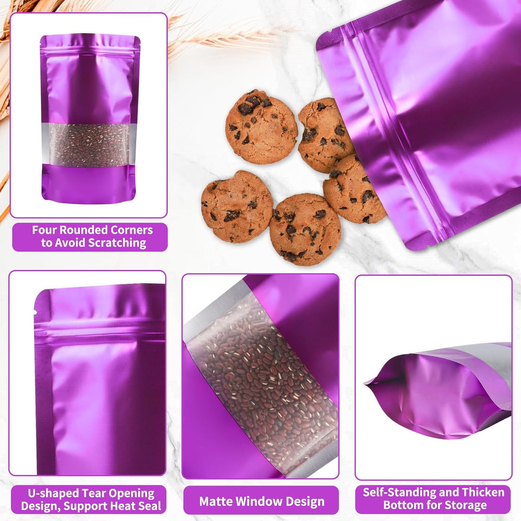 100 Pack Smell Proof Bags, Resealable Purple Mylar Bags with Matte Window, Foil Pouch Stand Up Sealable Bags for Packaging, 3.93 × 5.9 Inch