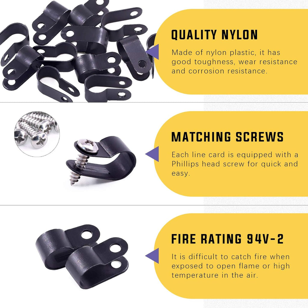 Swpeet 60 Pack Black 3/8 Inch Nylon Plastic R-Type Cable Clips Clamp Kit, Nylon Screw Mounting Cord Fastener Clips with 60 Pack Screws for Wire Management (3/8 Inch, Black)