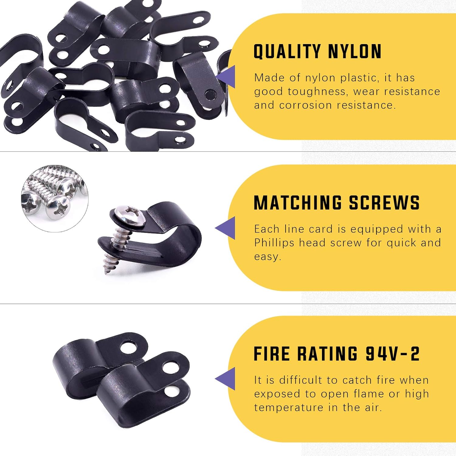 Swpeet 120 Pack Black 3/8 Inch Nylon Plastic R-Type Cable Clips Clamp Kit, Nylon Screw Mounting Cord Fastener Clips with 120 Pack Screws for Wire Management (3/8 Inch, Black)