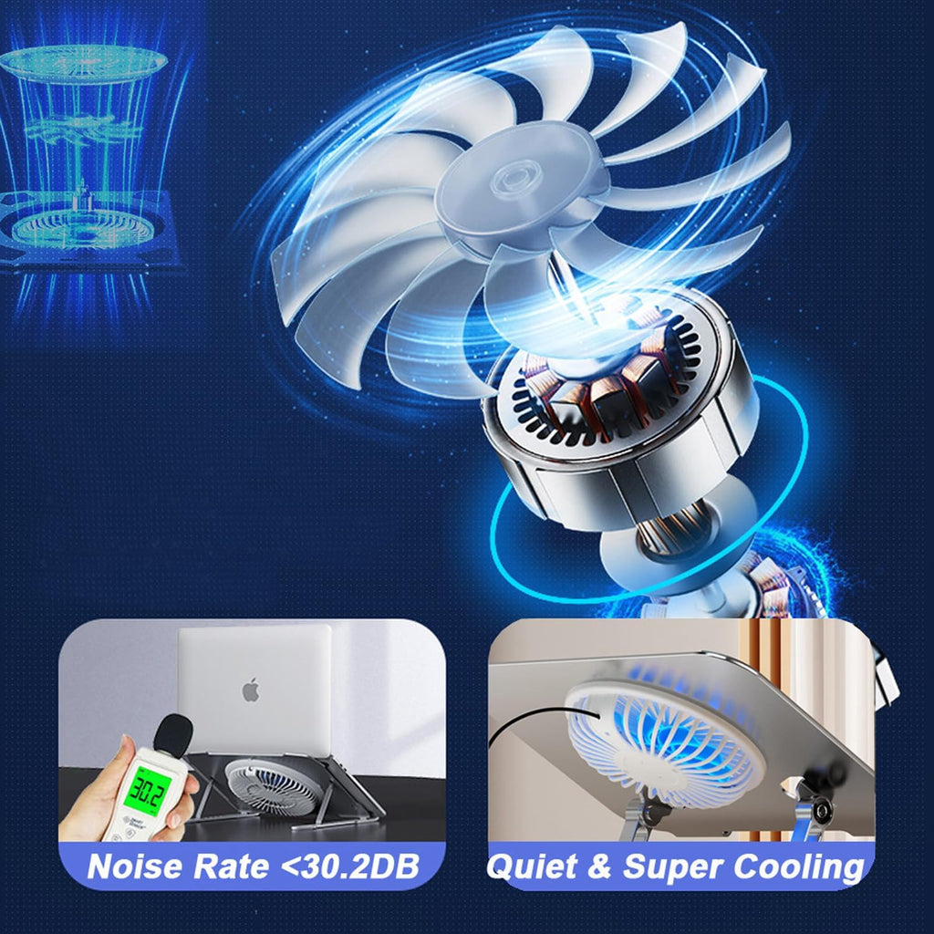 Laptop Stand Fan with 360 Rotating Swival Base, Adjustable Height for Directly Typing Keyboard and Rise up to 10", Ergonomic Aluminum Riser Holder Stand for Tablet 10 14 15 17 Inches/MacBook