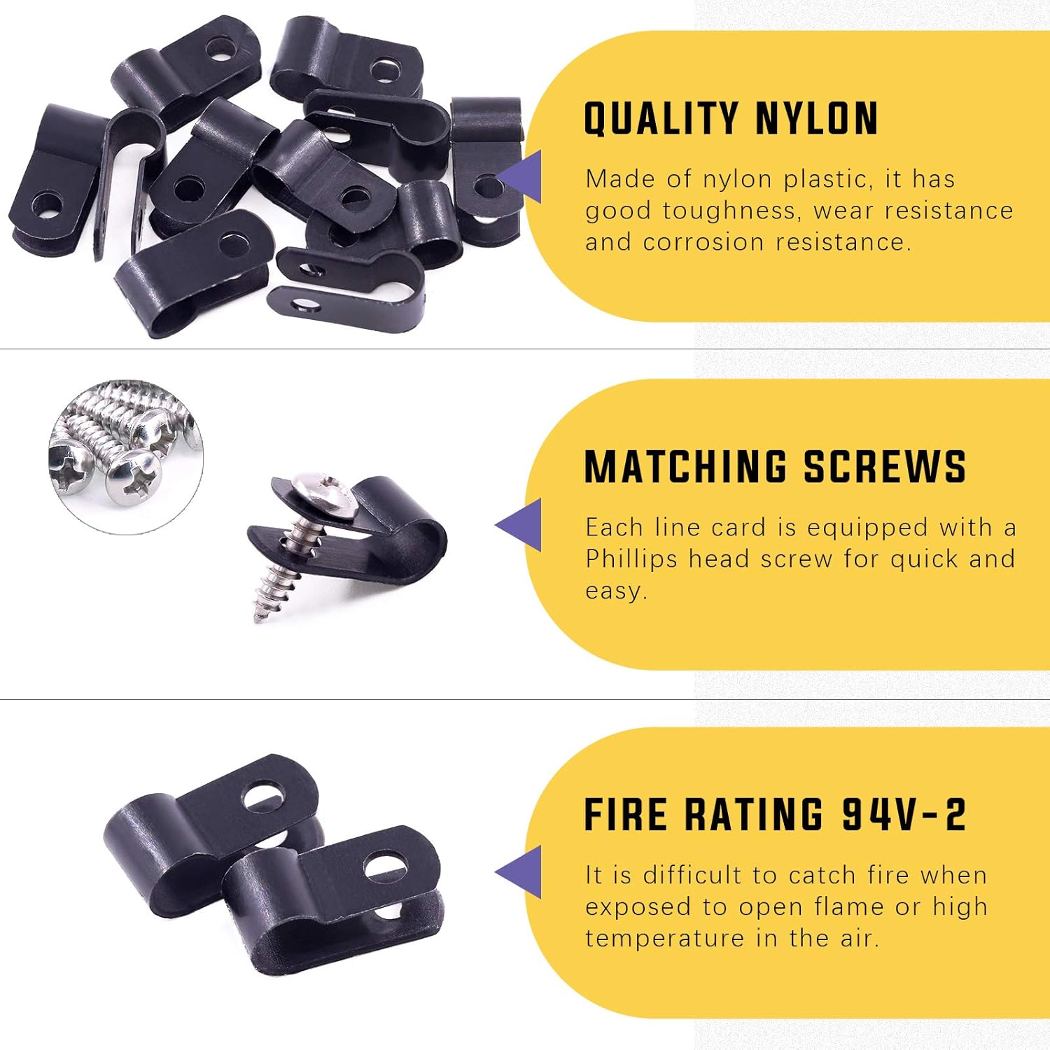 Swpeet 60 Pack Black 1/4 Inch Nylon Plastic R-Type Cable Clips Clamp Kit, Nylon Screw Mounting Cord Fastener Clips with 60 Pack Screws for Wire Management