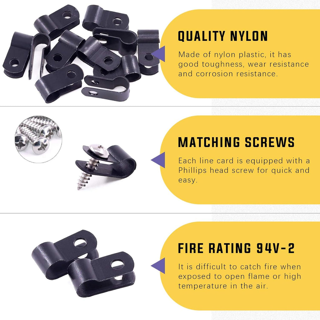 Swpeet 120 Pack Black 1/4 Inch Nylon Plastic R-Type Cable Clips Clamp Kit, Nylon Screw Mounting Cord Fastener Clips with 120 Pack Screws for Wire Management (1/4 Inch, Black)