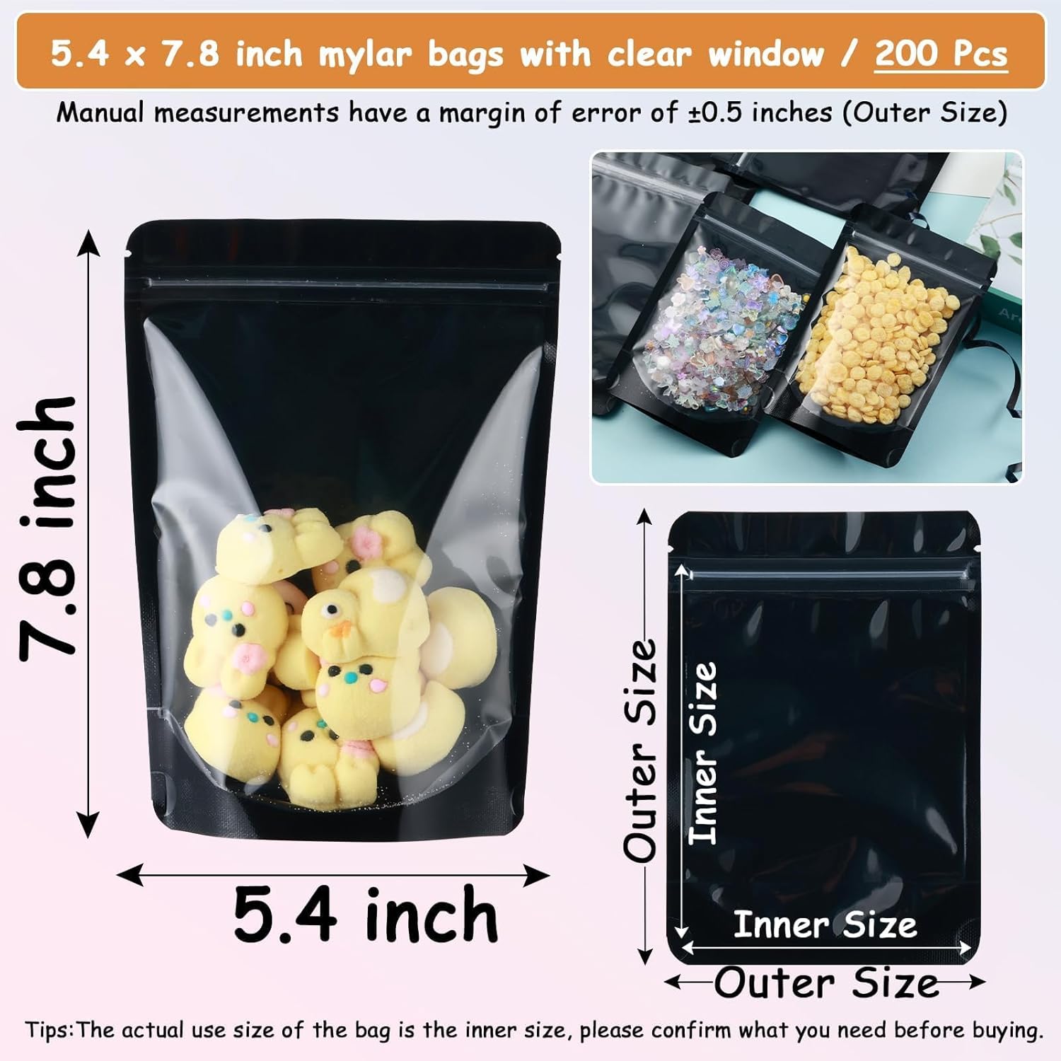200 Mylar Bags for Food Storage 5X8 Mylar Bags with Window Candy Packaging Resealable Bags Black Stand Up Pouches Edible Packaging for Small Business